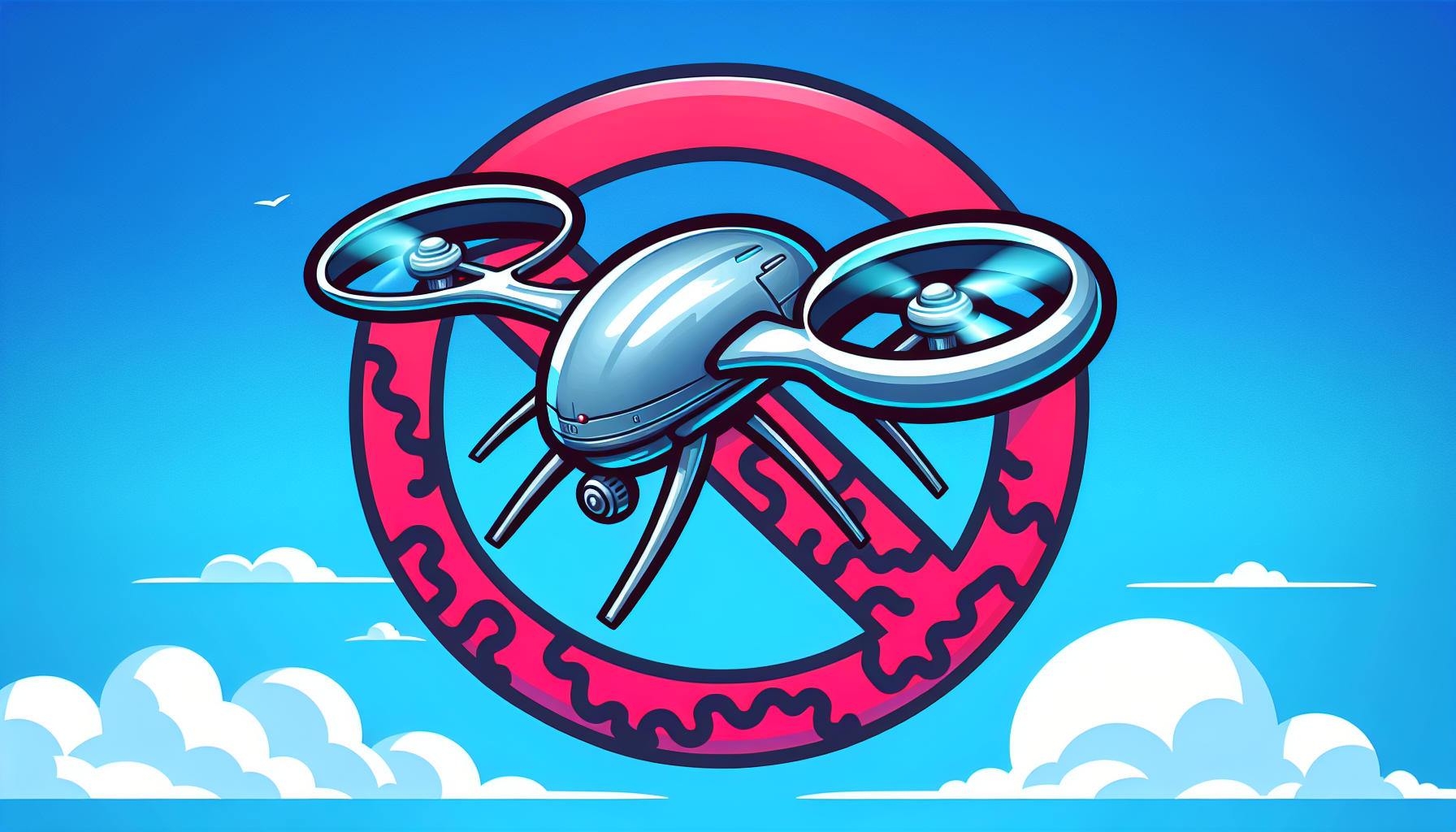 Cartoon image of a drone with a 'restricted' sign